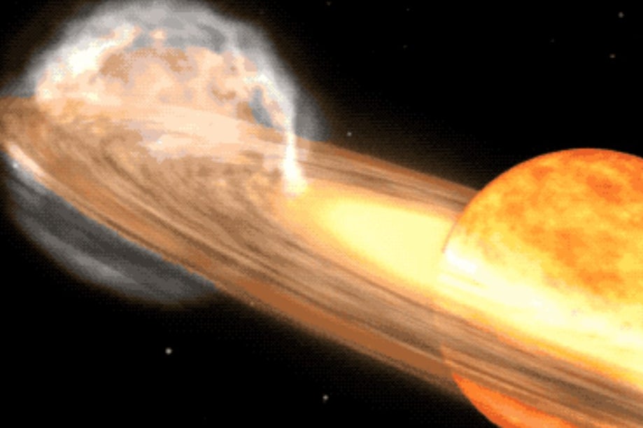 Representación artística del sistema estelar T Coronae Borealis, en la que se aprecia una estrella gigante roja y una enana blanca orbitando una alrededor de la otra