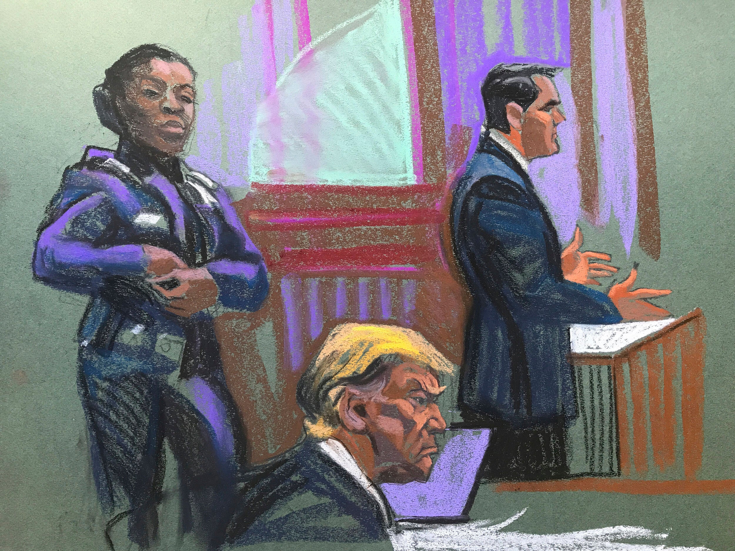 Boceto de tribunal que muestra al expresidente de EE. UU. Donald Trump sentado mientras su abogado, Todd Blanche, toma la palabra durante el segundo día de selección de jurados