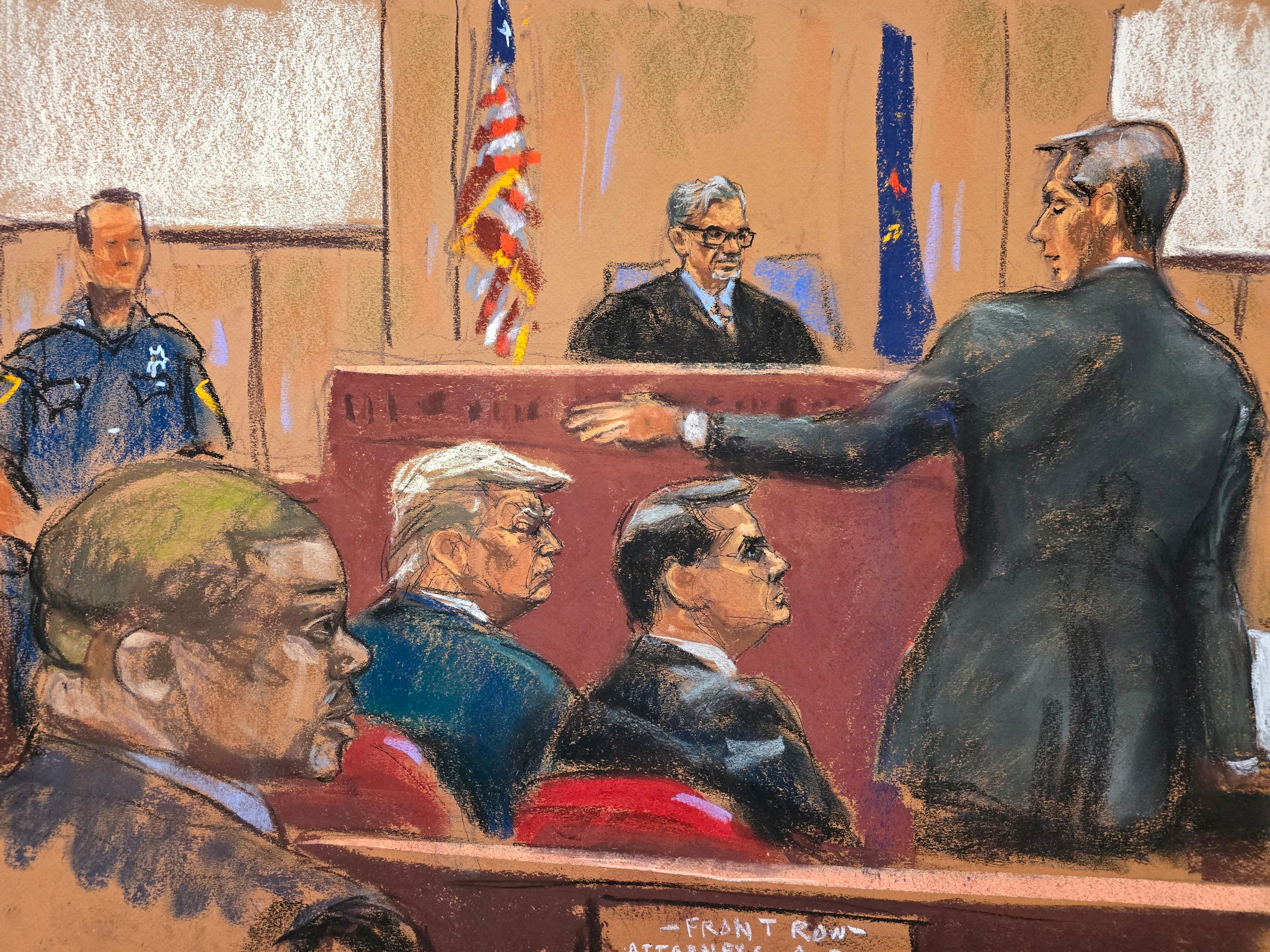 Boceto de tribunal que muestra a Donald Trump sentado con su abogado, Todd Blanche, mientras el fiscal asistente de Manhattan Matthew Colangelo hace su declaración de apertura el 22 de abril