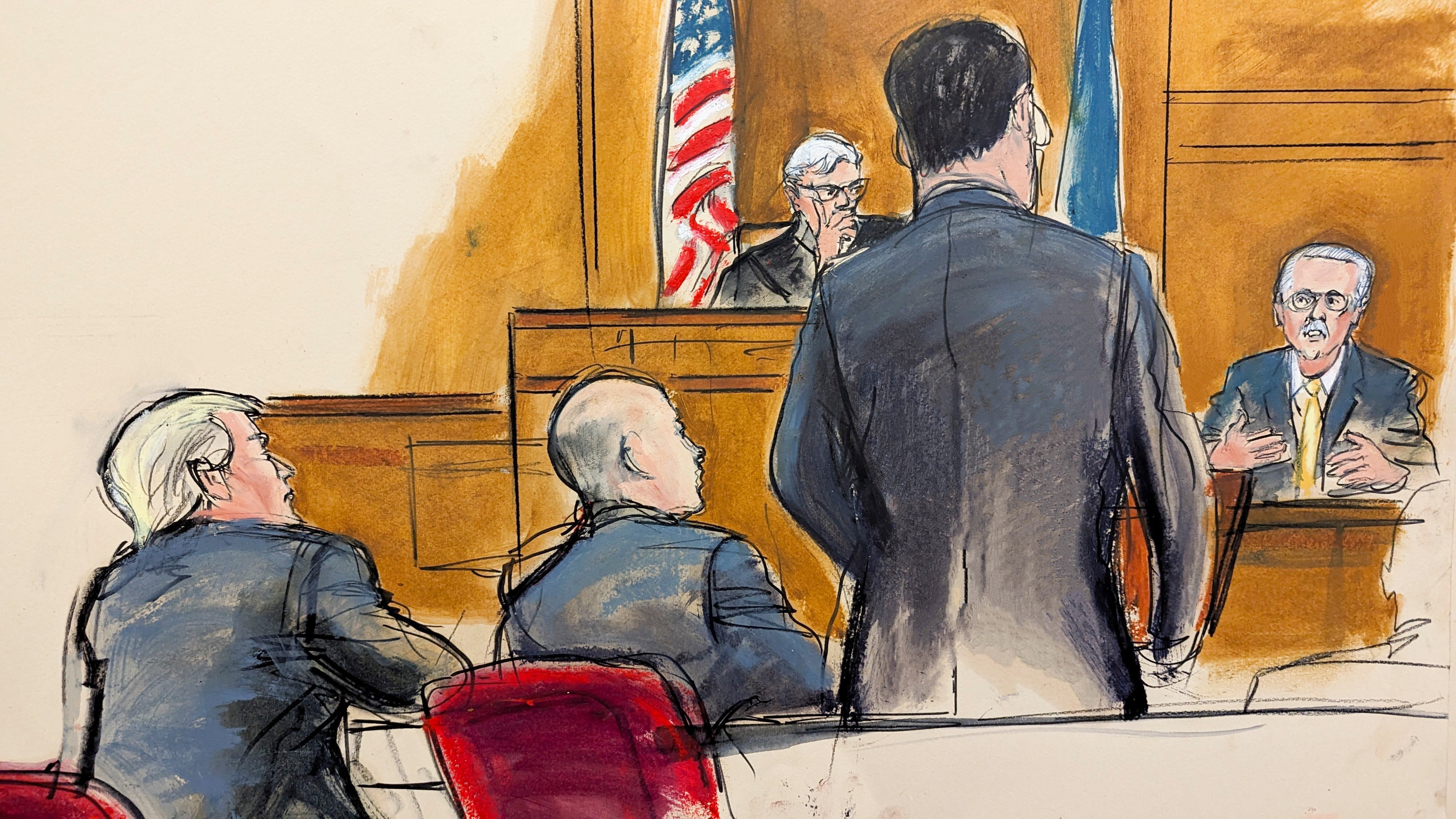 Un boceto de la sala del tribunal muestra a David Pecker en el estrado de los testigos durante su primer día de declaración el 22 de abril. Continuó declarando el 23 de abril.
