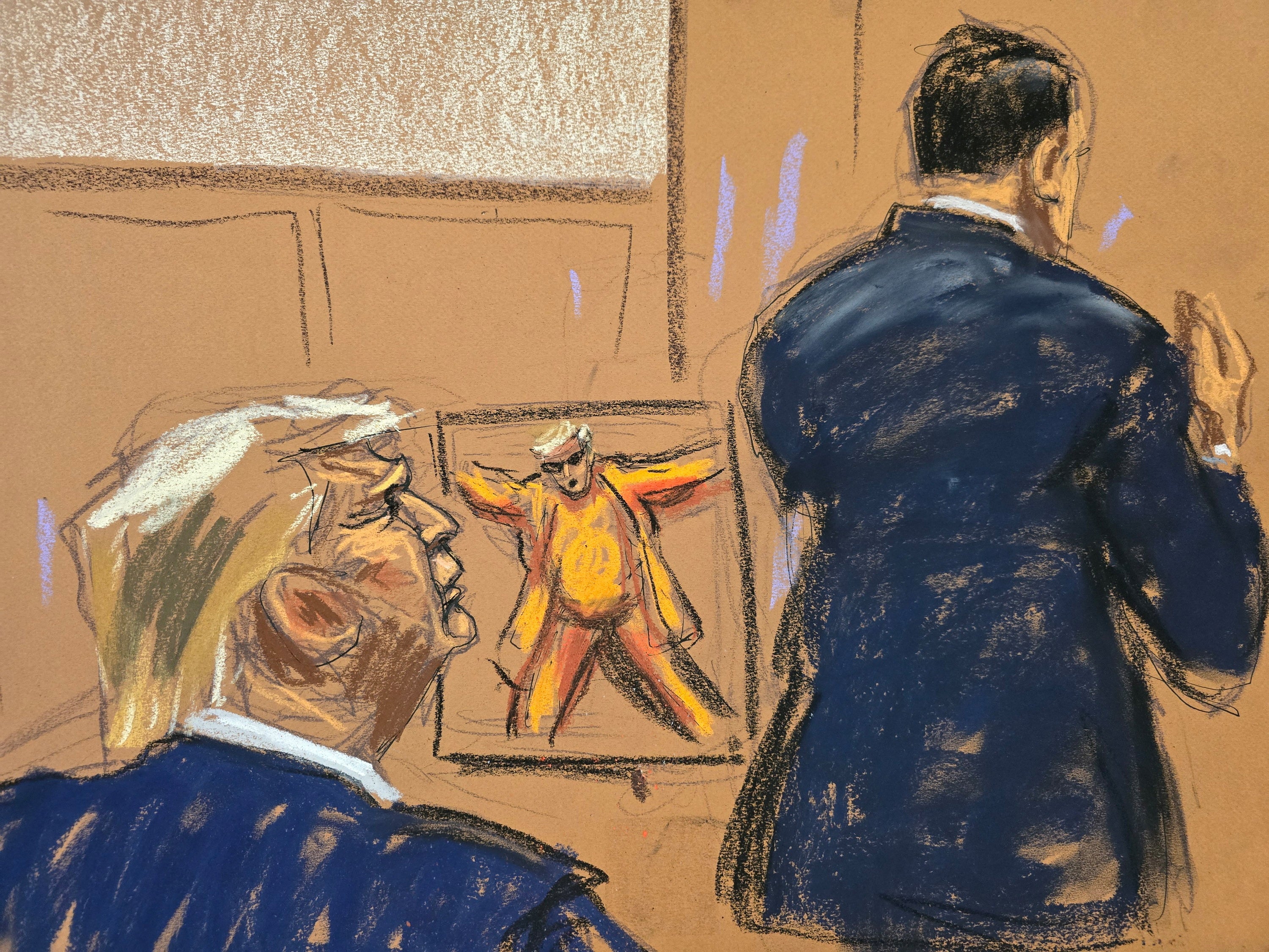 Un boceto de la sala del tribunal muestra a Donald Trump mirando las publicaciones en las redes sociales sobre él durante su audiencia por la orden de silencio el 2 de mayo