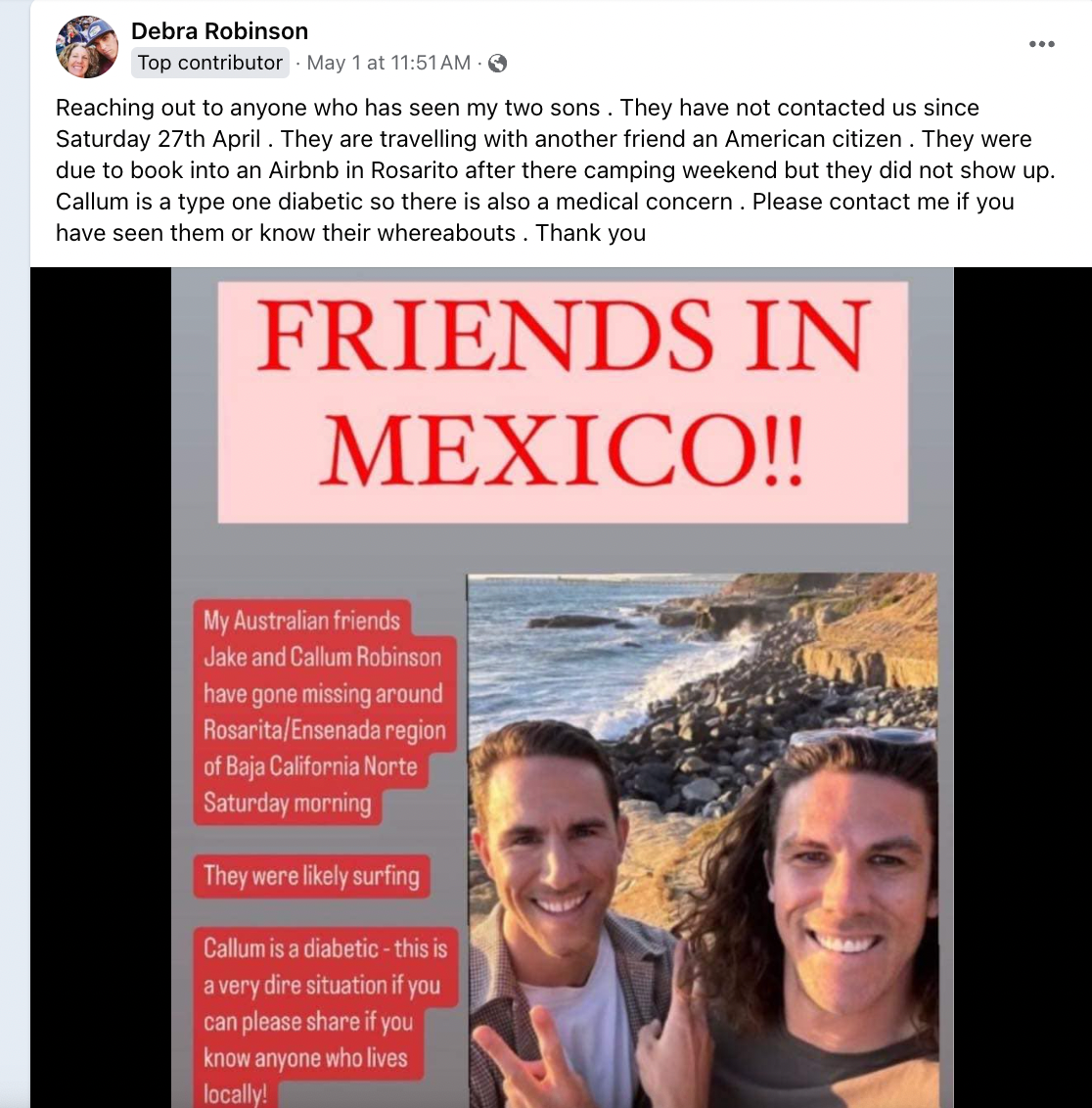La noticia de la desaparición de los surfistas se conoció luego de que la madre de los hermanos australianos publicara una petición de ayuda en el grupo de Facebook TalkBaja
