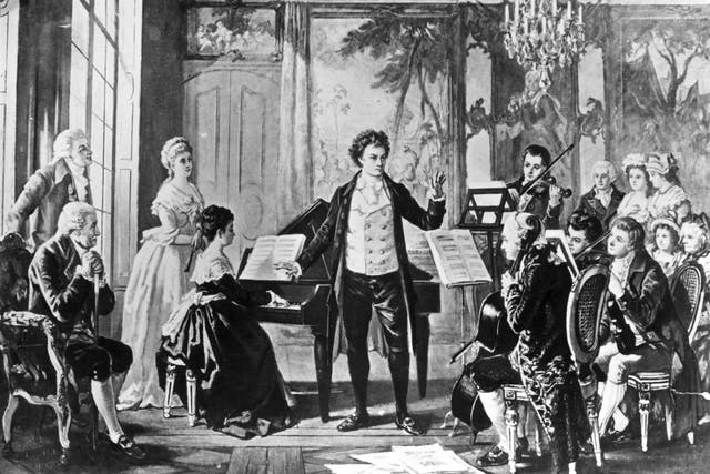 <p>El compositor alemán Ludwig van Beethoven (1770-1827) mientras dirigía uno de sus tres cuartetos de cuerda Razumovsky, cerca del año 1810</p>