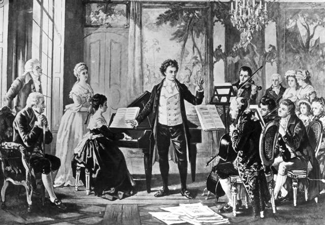 <p>El compositor alemán Ludwig van Beethoven (1770-1827) dirigiendo uno de sus tres cuartetos de cuerda Razumovsky, cerca del año 1810</p>