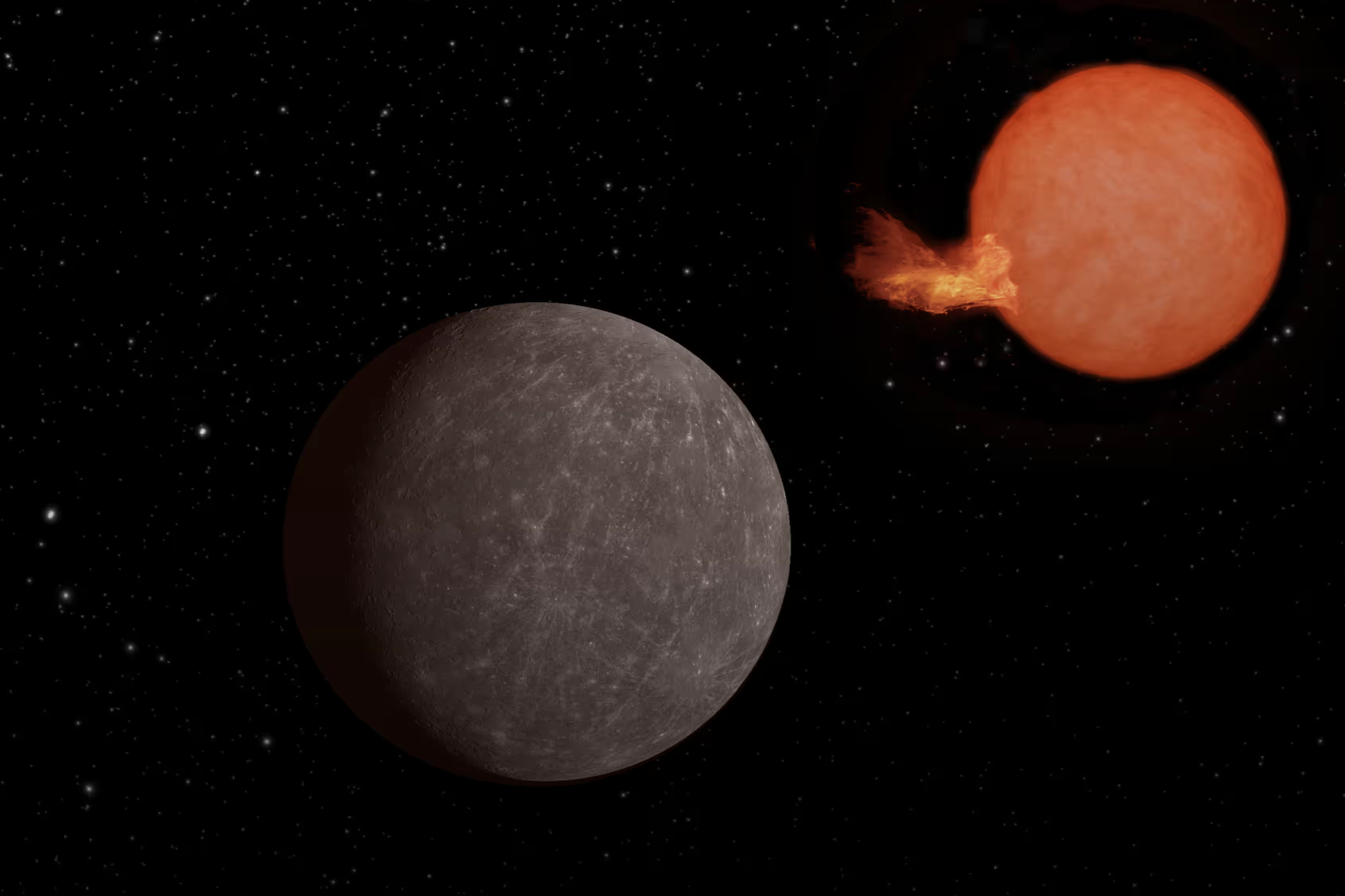 Impresión artística del exoplaneta Speculoos-3b, del tamaño de la Tierra, en órbita alrededor de su estrella