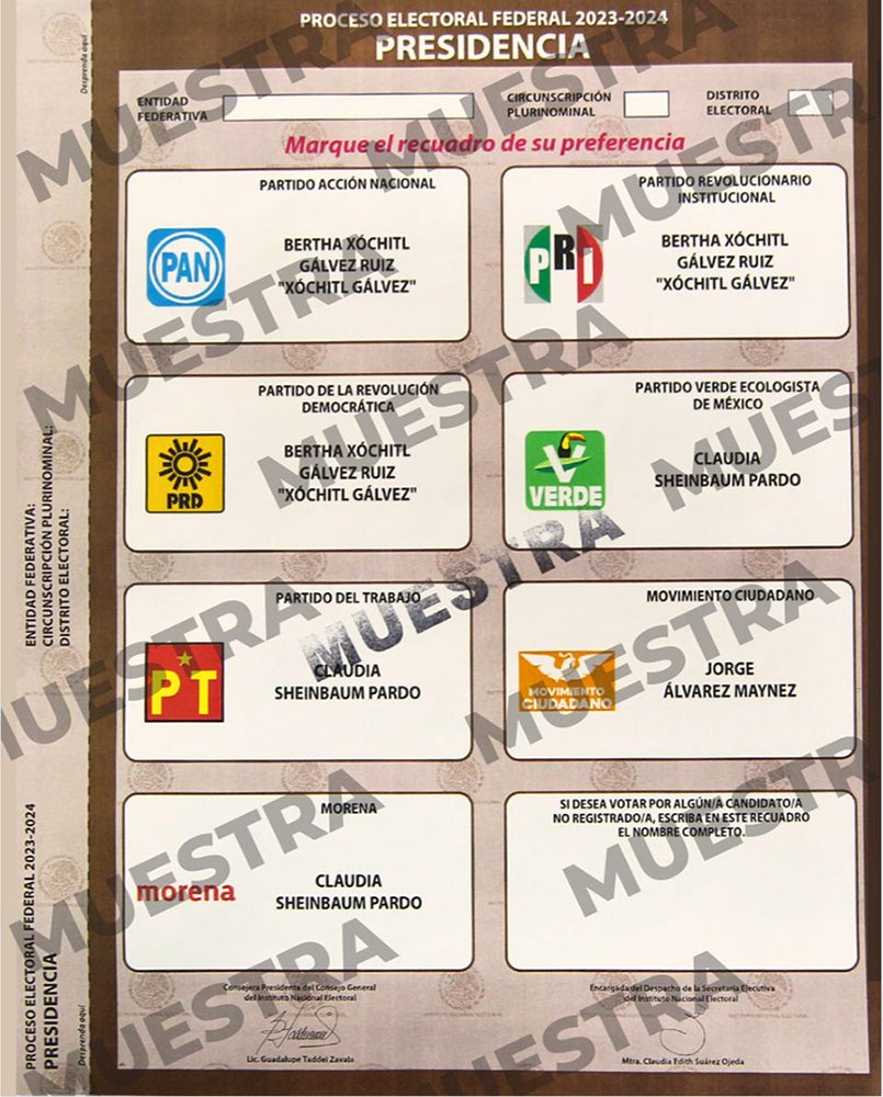 Ejemplo de boleta electoral para el ejercicio democrático de México 2024