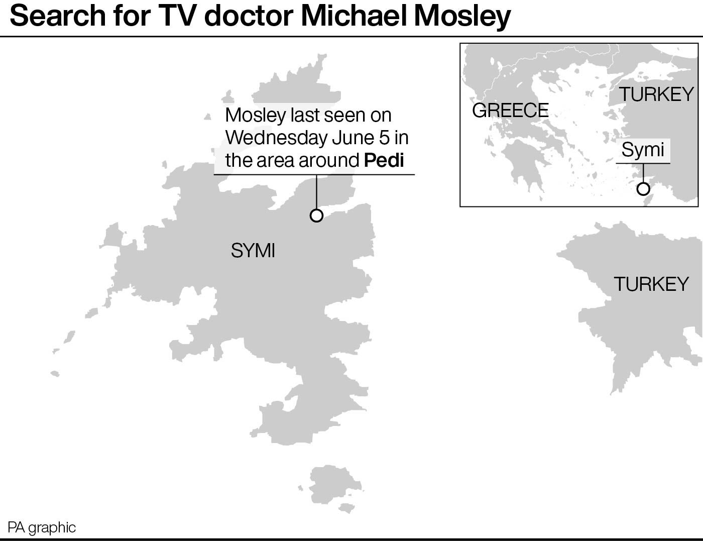 Un mapa señala dónde fue visto Mosley por última vez en la isla de Symi