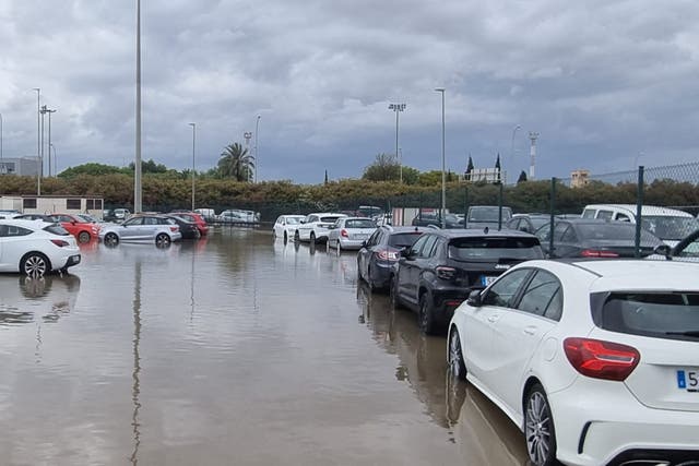 <p>Vehículos estacionados en un estacionamiento inundado tras las fuertes lluvias, en el aeropuerto de Palma de Mallorca</p>