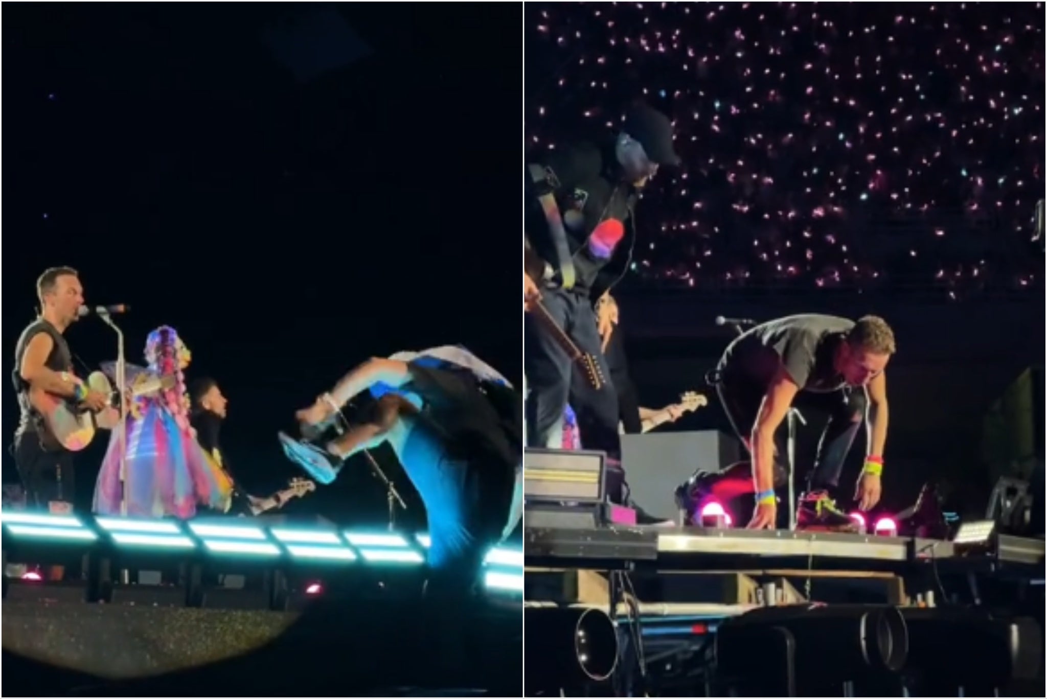 Un hombre intenta subirse al escenario durante un concierto de Coldplay en Atenas (Grecia)