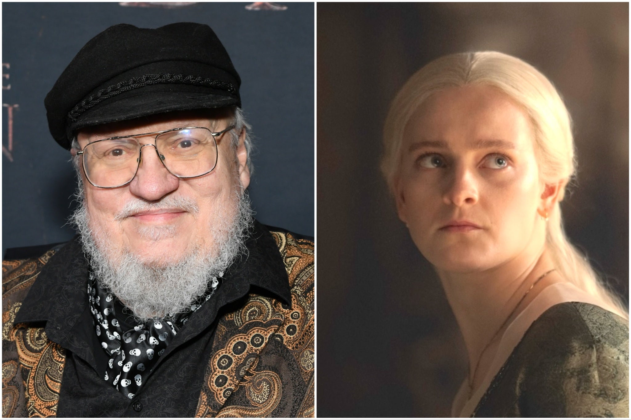 George R. R. Martin (izquierda) y Phia Saban como Helaena Targaryen en ‘House of the Dragon’ de HBO