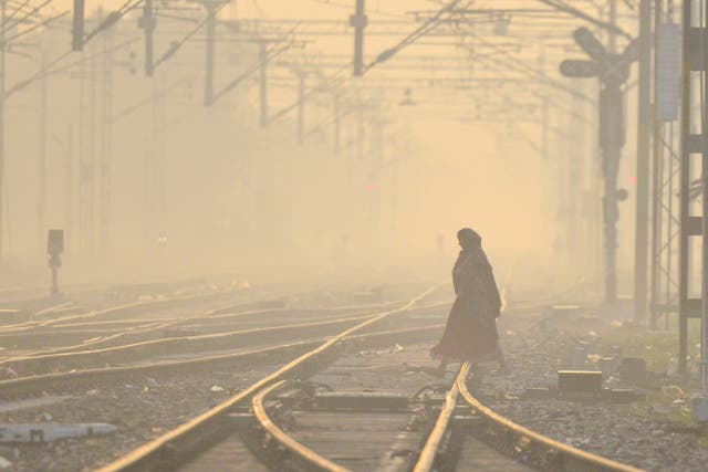 <p>Una mujer cruza las vías del tren en medio de una niebla tóxica en las afueras de Jalandhar, India, el 21 de diciembre de 2023</p>