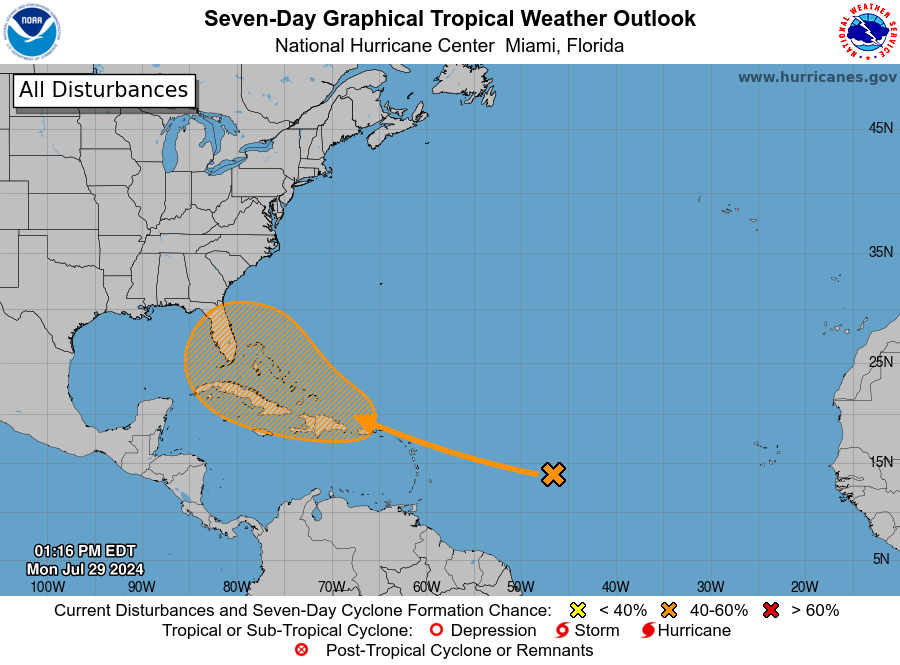 El Centro Nacional de Huracanes prevé un 60 % de probabilidades de que una tormenta tropical se dirija hacia el sureste de EE.UU. en 7 días