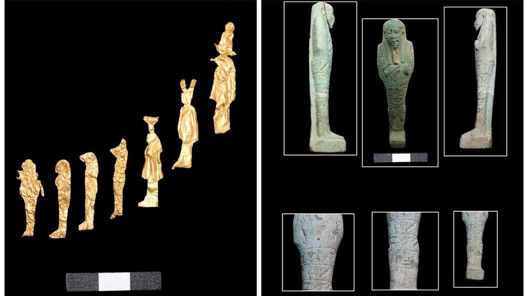 Algunas de las láminas y figurillas de oro descubiertas en Tel el-Deir