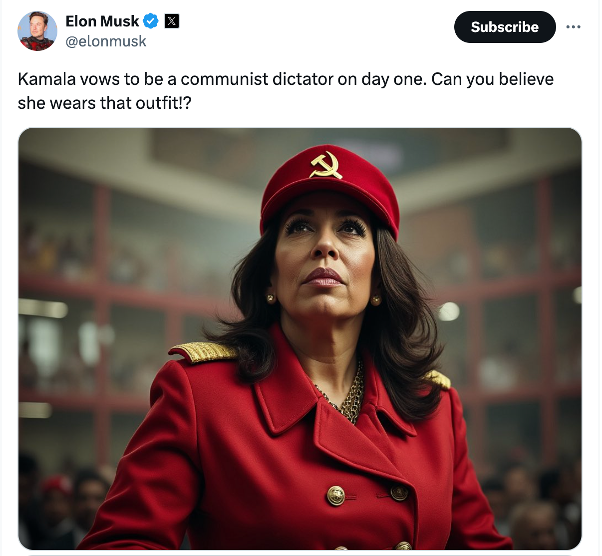 Elon Musk publicó una imagen generada por IA que representa a Kamala Harris como una líder comunista