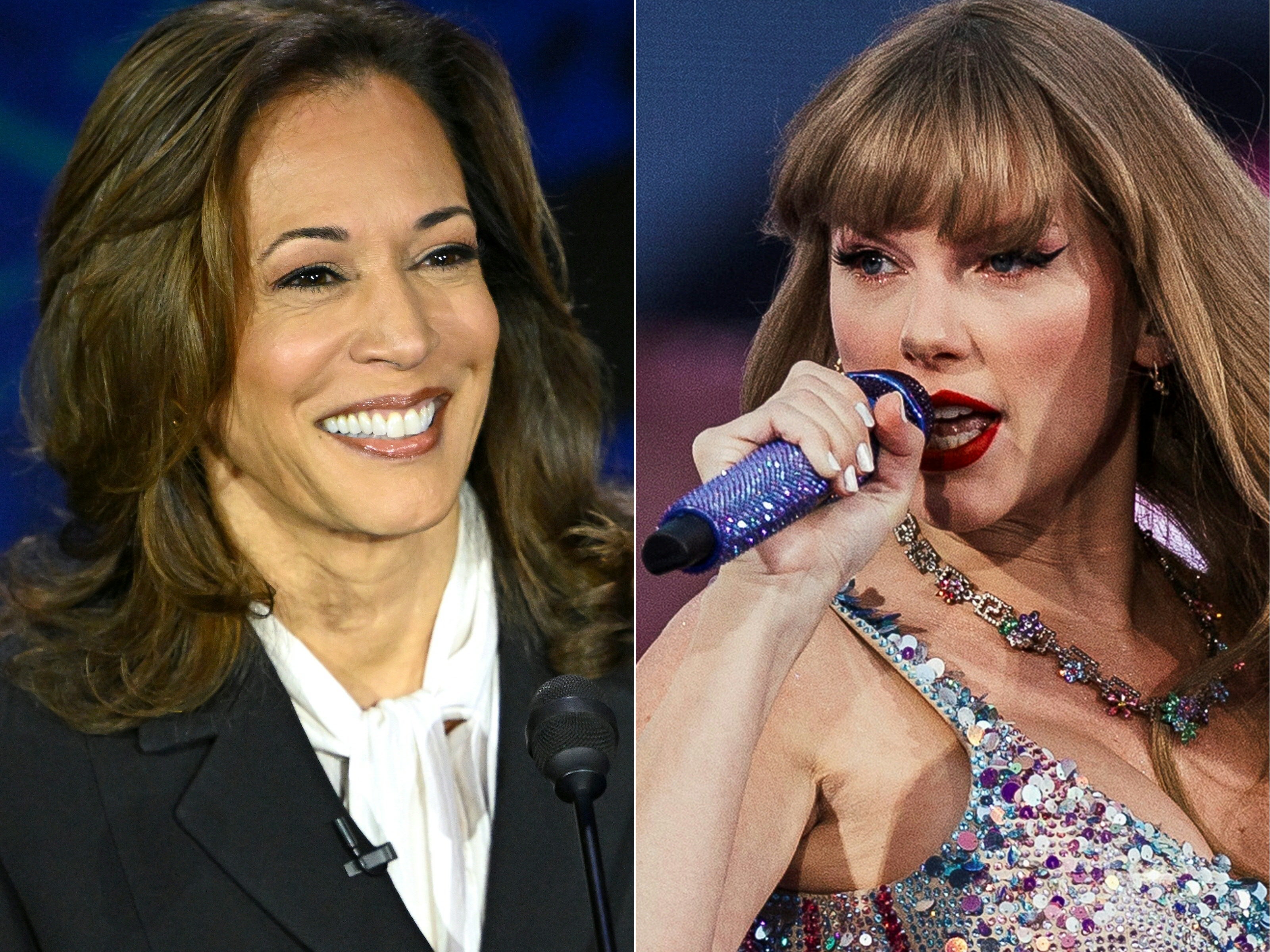 Kamala Harris (izquierda) recibió el apoyo de Taylor Swift (derecha)