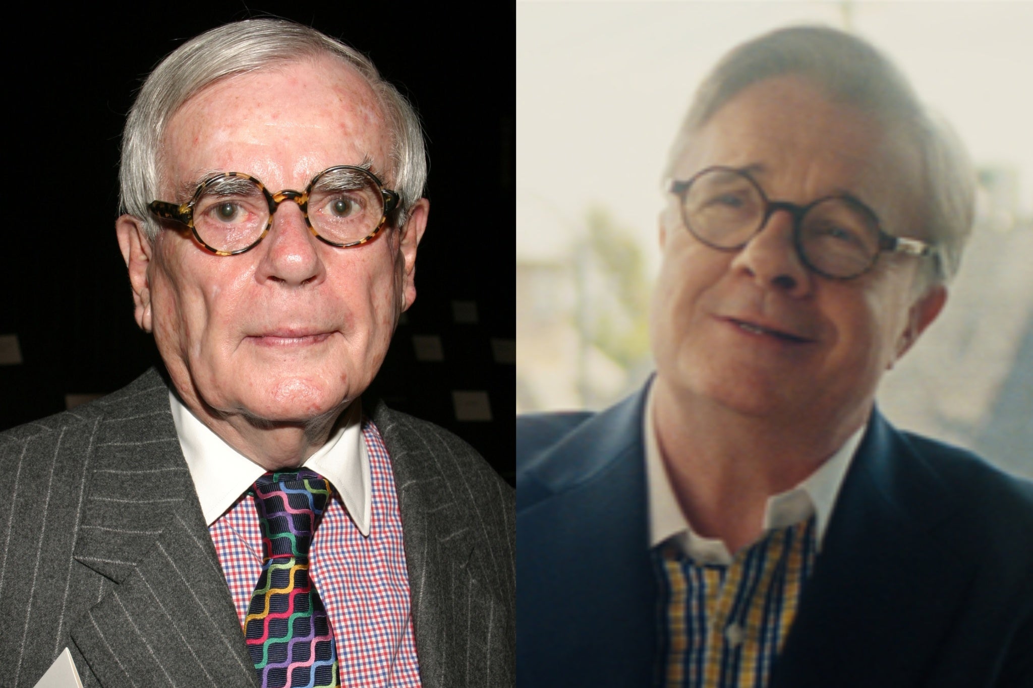 Dominick Dunne (izquierda) y Nathan Lane (derecha) en el rol del periodista