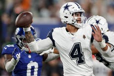 Prescott lanza 2 pases de touchdown y Cowboys vencen a Giants por 7mo encuentro seguido