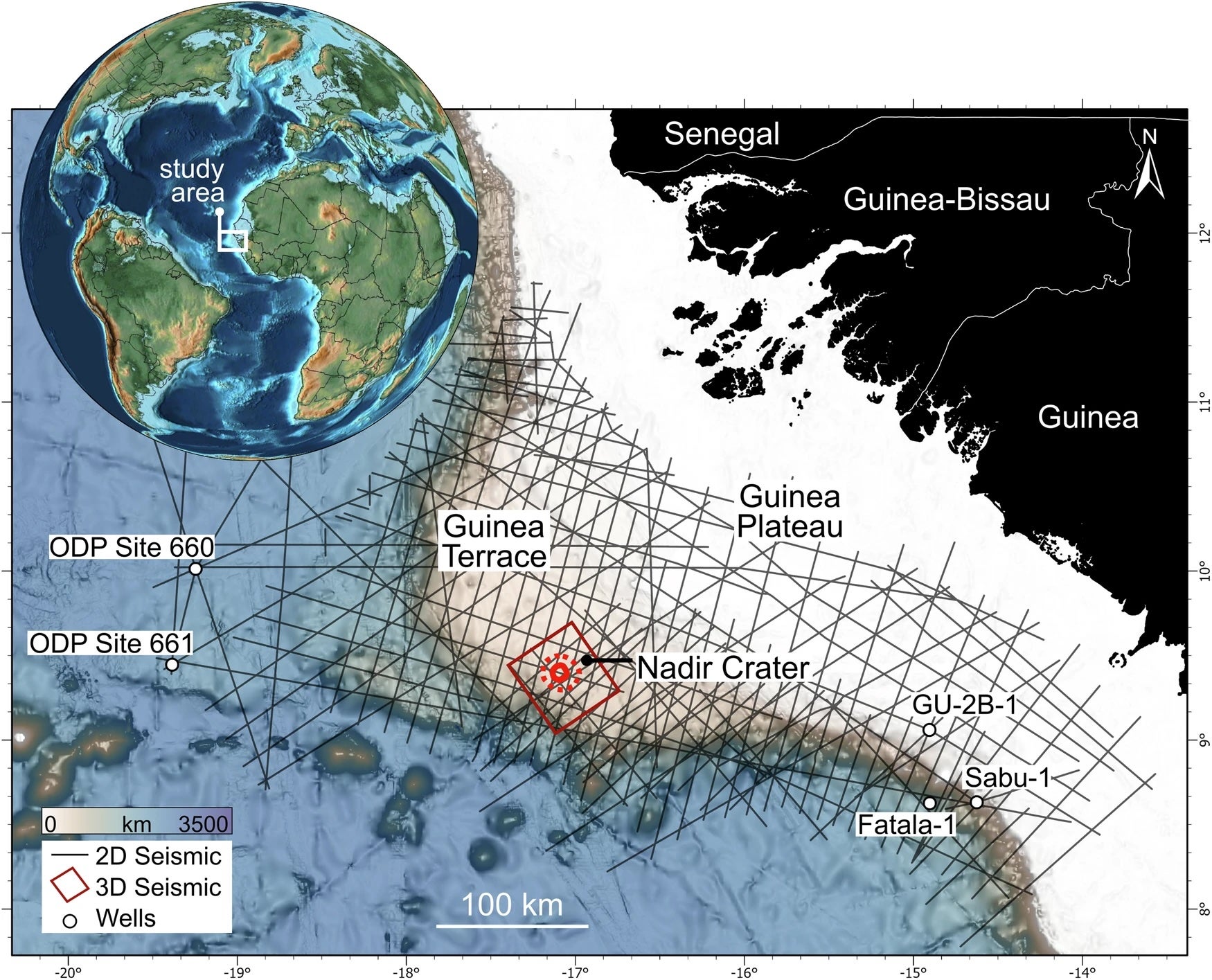 Mapa que muestra la ubicación del cráter Nadir frente a la costa de África Occidental