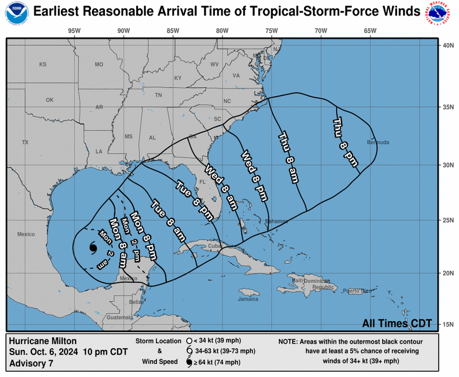 Un mapa muestra el momento en que se espera que los vientos con fuerza de tormenta tropical azoten el sureste del país