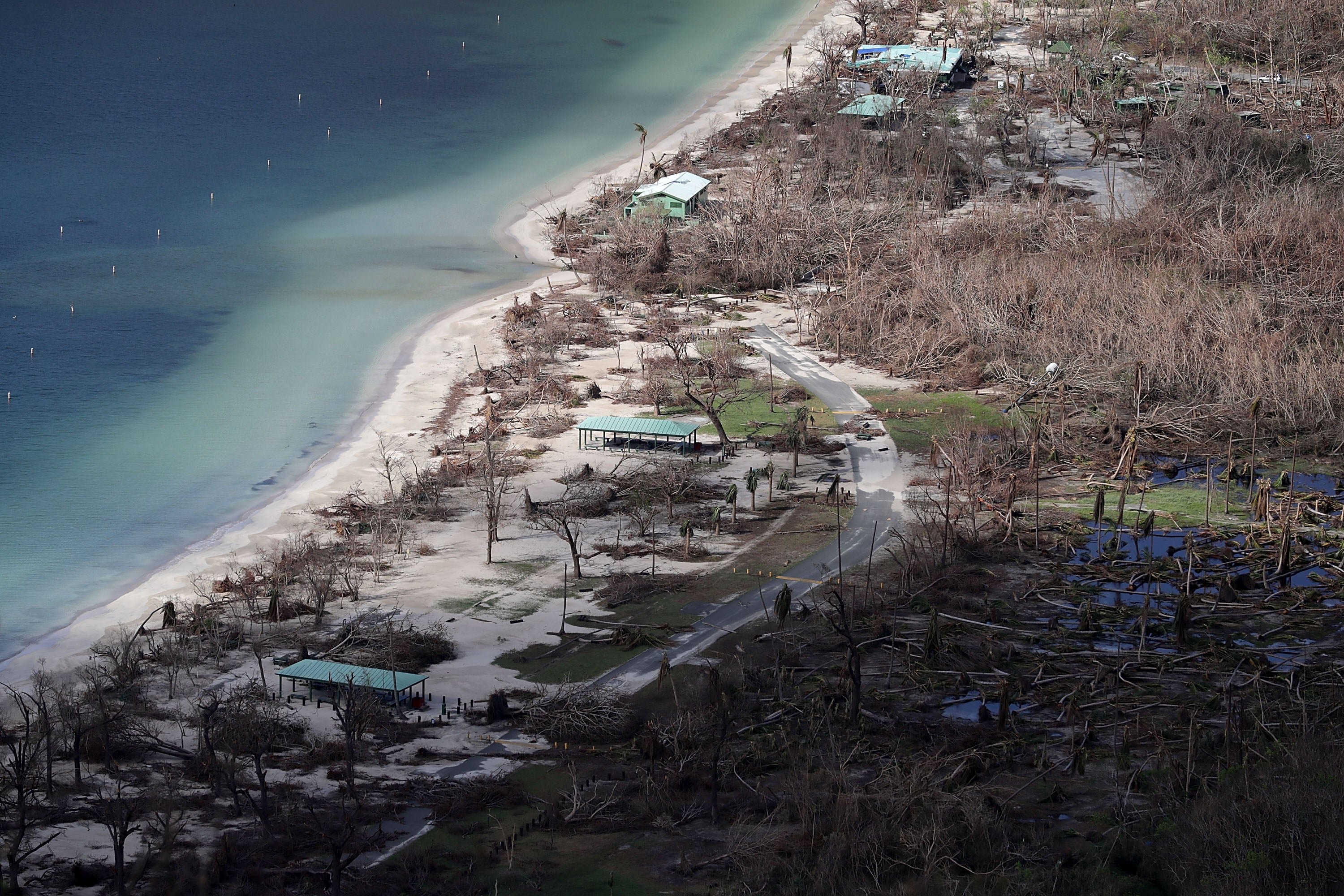 Imagen aérea de árboles destrozados, tomada poco más de una semana después de que el huracán Irma pasara por las Islas Vírgenes estadounidenses en septiembre de 2017. La tormenta llegó a las Islas de Sotavento como un huracán de categoría 5, con vientos máximos sostenidos de 297 km/h