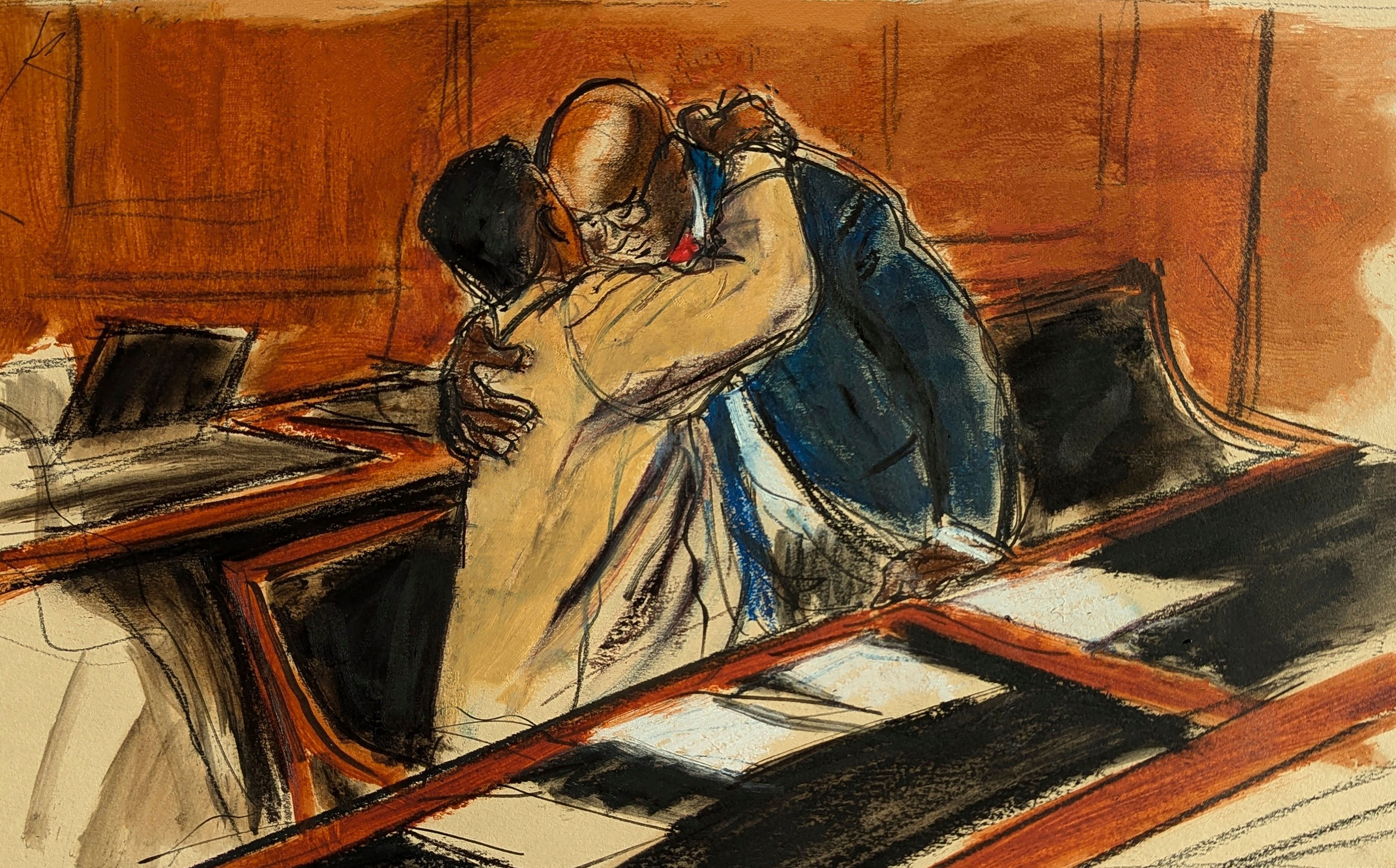 En este boceto de la sala del tribunal, Sean “Diddy” Combs, a la izquierda, al entrar en la sala del tribunal abraza a su abogado Anthony Ricco antes de la audiencia en el Tribunal Federal en Nueva York, jueves 10 de octubre de 2024