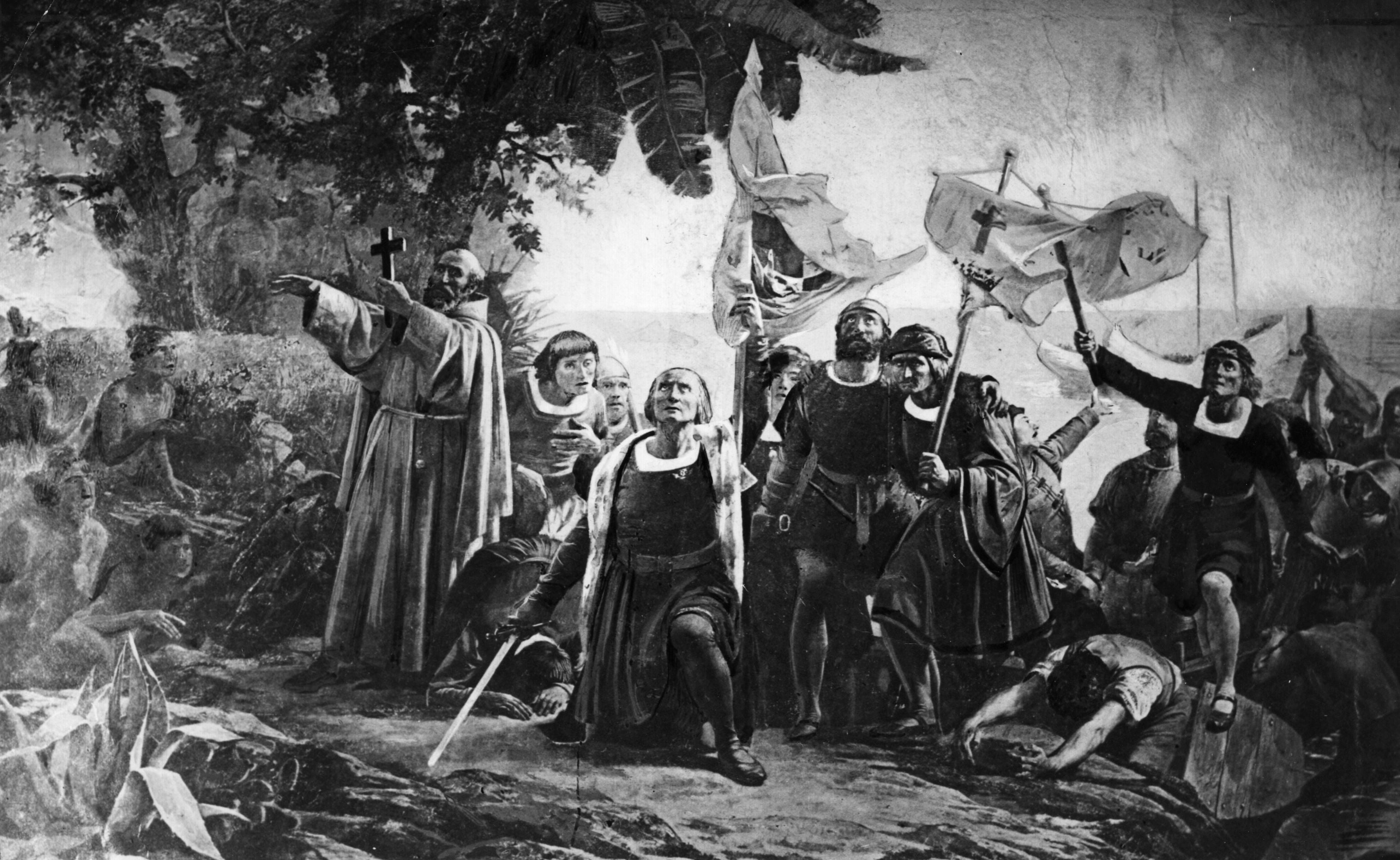 Cristóbal Colón desembarca en América acompañado de los hermanos Piuzon, quienes portan banderas y cruces, 1492