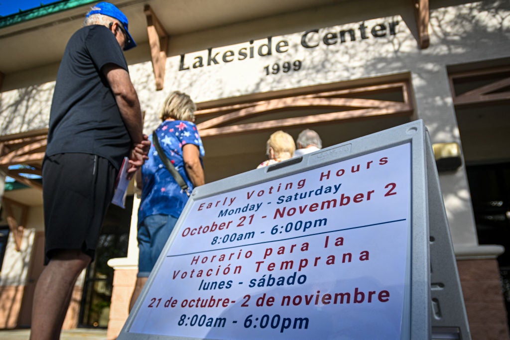 Votantes estadounidenses hacen fila para sufragar temprano en Daytona Beach, Florida, el lunes 21 de octubre de 2024