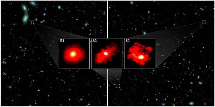 Los tres “monstruos rojos” vistos por el telescopio espacial James Webb. Según los científicos, estas galaxias polvorientas cuestionan los modelos actuales de formación de galaxias