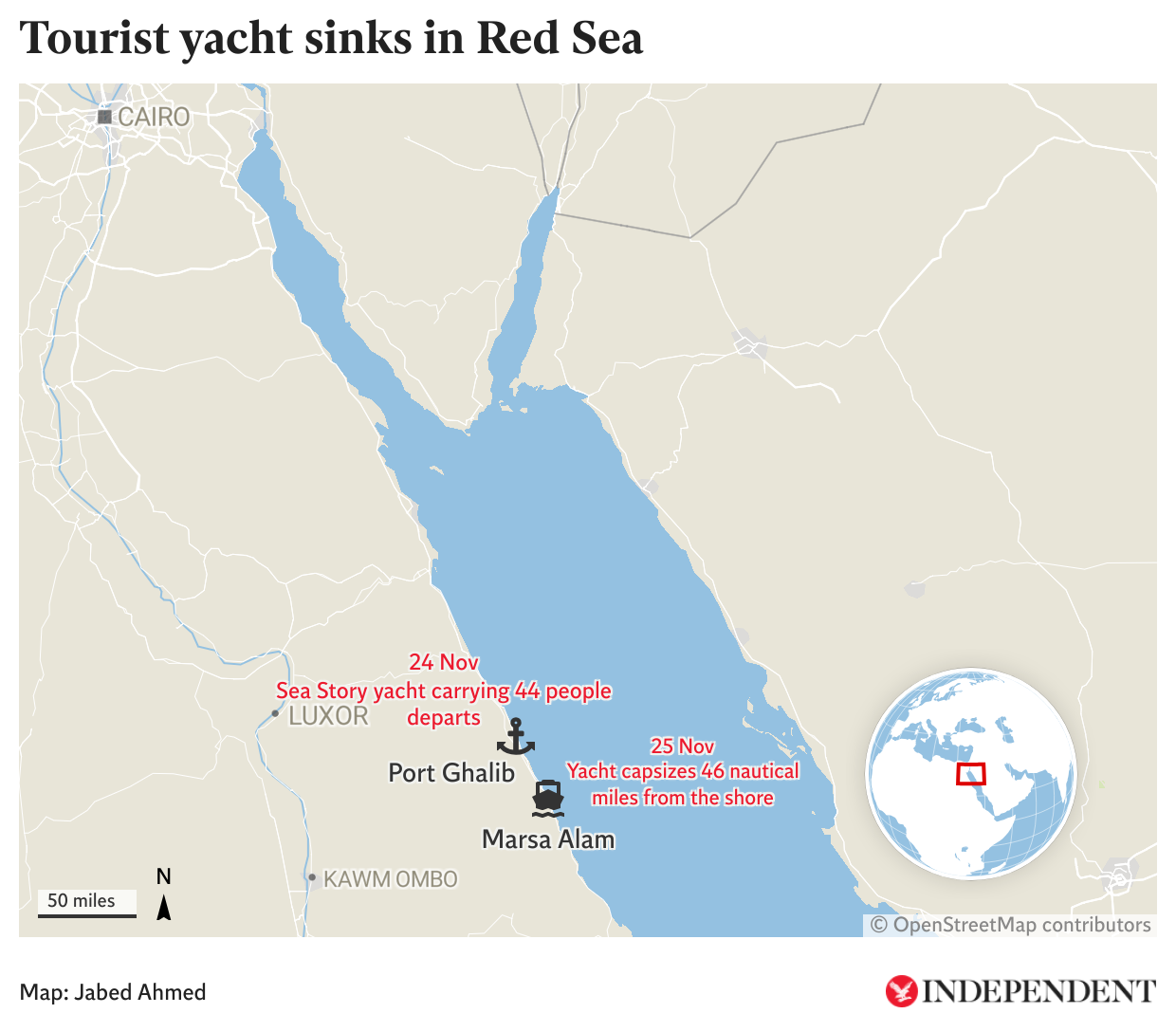 La embarcación volcó cerca de la popular localidad turística de Marsa Alam