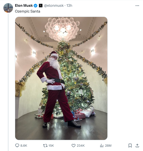 Elon Musk comparte una imagen de sí mismo vestido de Santa junto a la leyenda “Santa Ozempic”. También reveló en otra publicación que está tomando el medicamento Mounjaro para adelgazar