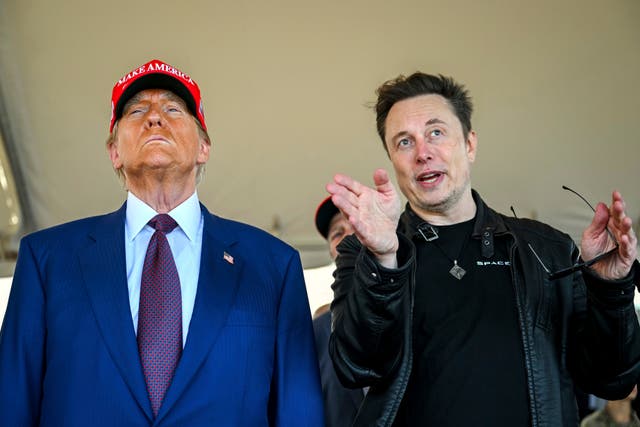 <p>El presidente electo Donald Trump escucha a Elon Musk mientras llega para ver despegar el mega cohete Starship de SpaceX en un vuelo de prueba desde la base estelar en noviembre. Su relación es “tensa”, según un periodista del ‘New York Times’ </p>