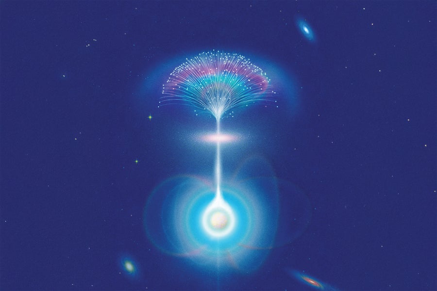 Representación artística de una estrella de neutrones emitiendo un haz de ondas de radio generado por su intenso campo magnético