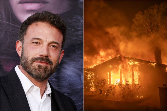 <p>Ben Affleck y una casa en llamas en la región de Pacific Palisades, en Los Ángeles</p>