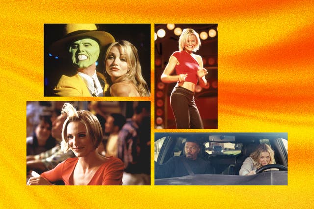 <p>Brillo innato: Cameron Diaz (en el sentido de las agujas del reloj, desde arriba a la derecha) en ‘Los ángeles de Charlie’, ‘De vuelta a la acción’, ‘Loco por Mary’ y ‘La máscara’ </p>