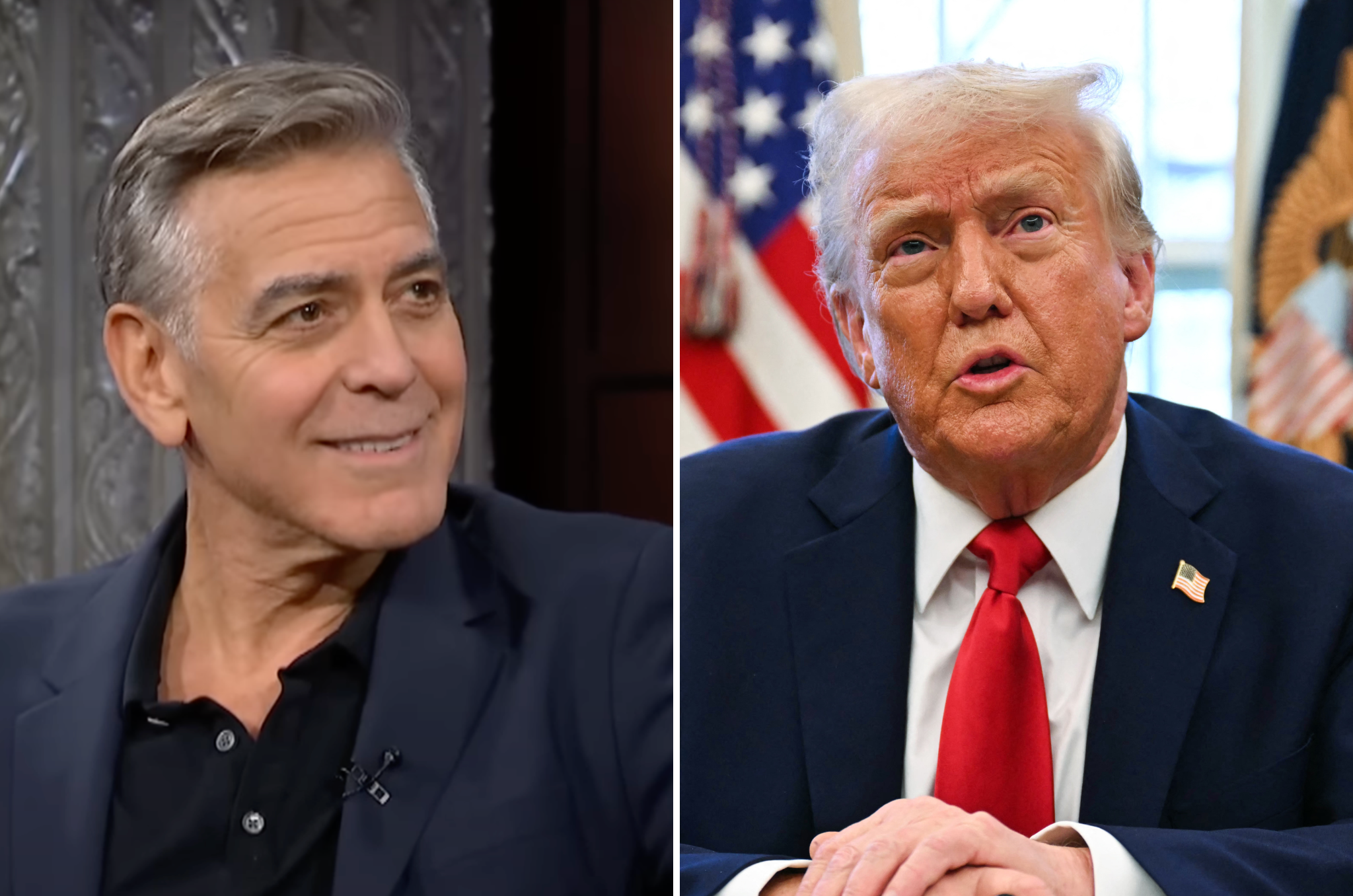 George Clooney (izquierda) lanzó una indirecta para Trump durante ‘The Late Show with Stephen Colbert’