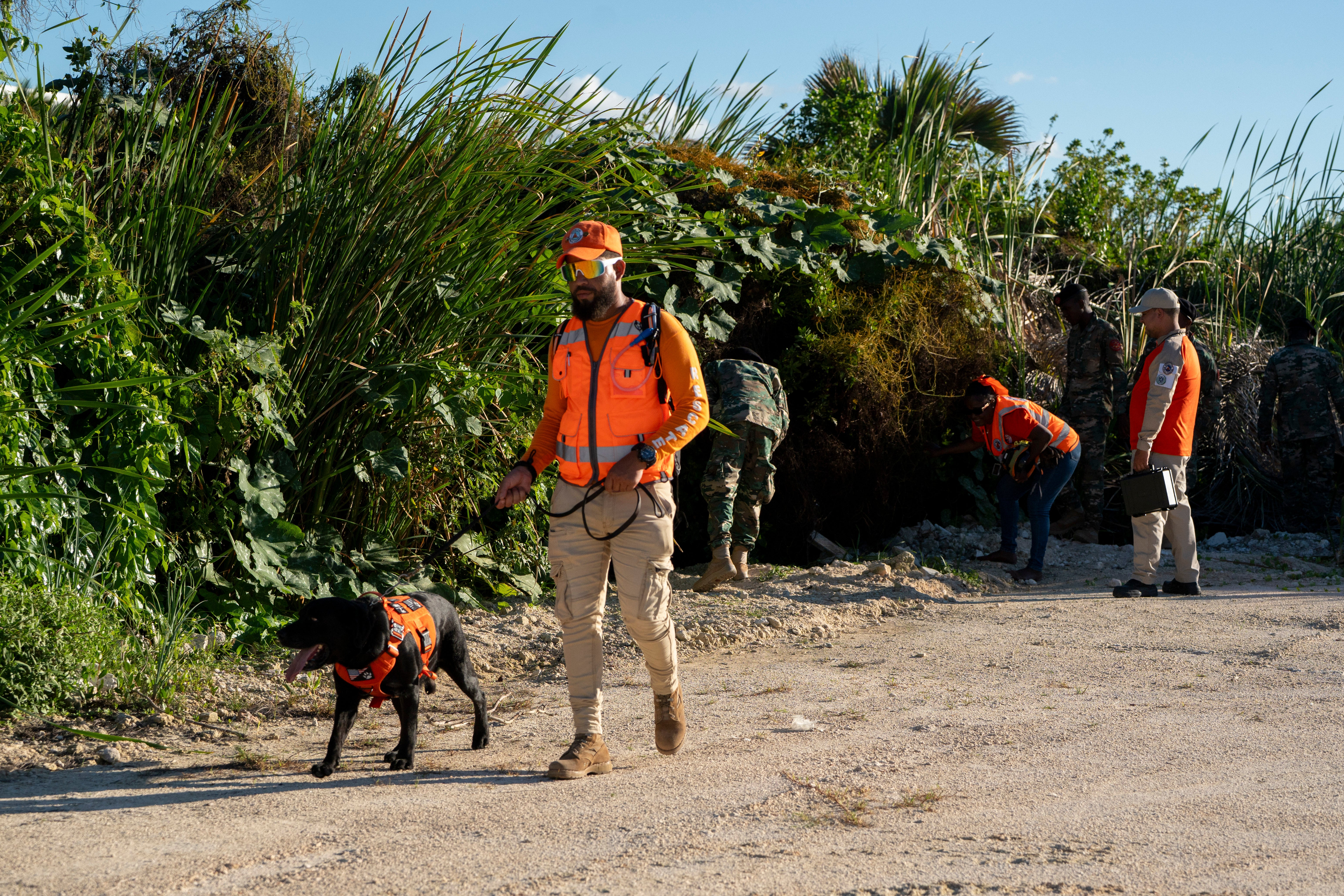 Un miembro de la Unidad Canina de Defensa Civil busca a Sudiksha Konanki, estudiante universitaria estadounidense desaparecida en una playa de Punta Cana (República Dominicana)