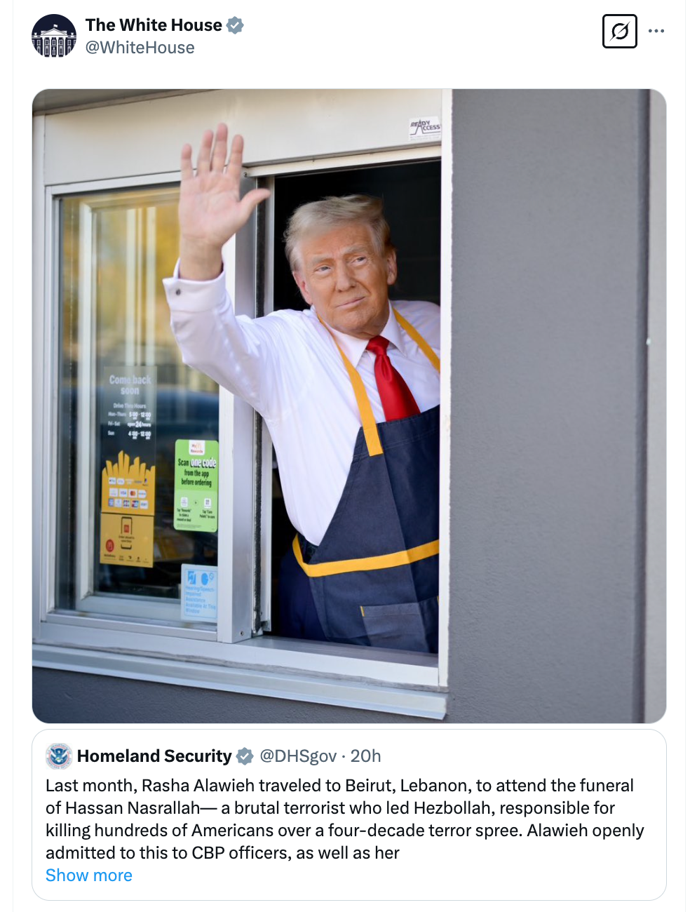 La Casa Blanca compartió una publicación en X burlándose de la doctora de la Ivy League Rasha Alawieh, deportada al Líbano el fin de semana. La cuenta oficial de la administración compartió la foto de Trump saludando en la ventanilla del McDonald’s