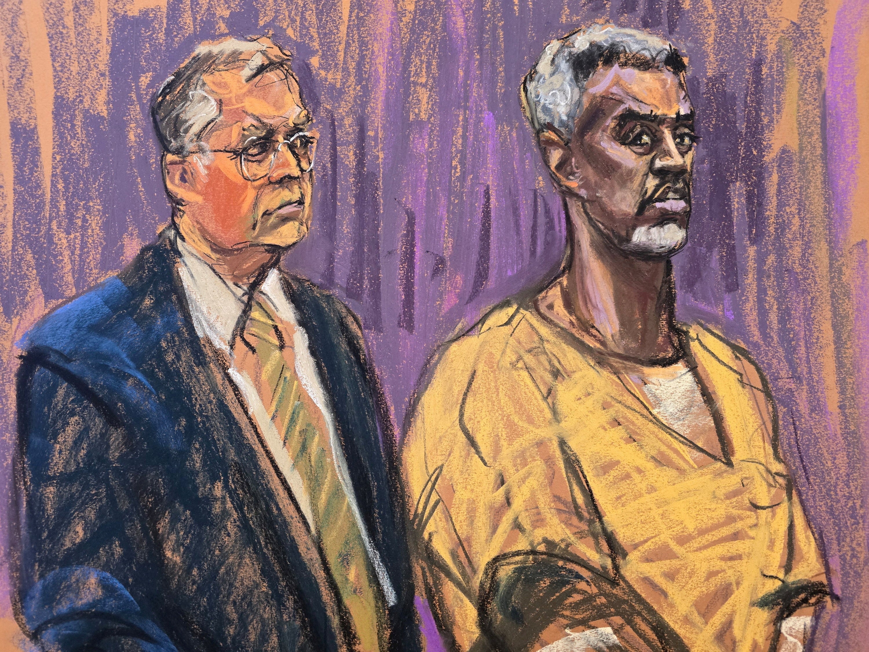Diddy, retratado junto a su abogado, Marc Agnifilo, en un sketch del tribunal