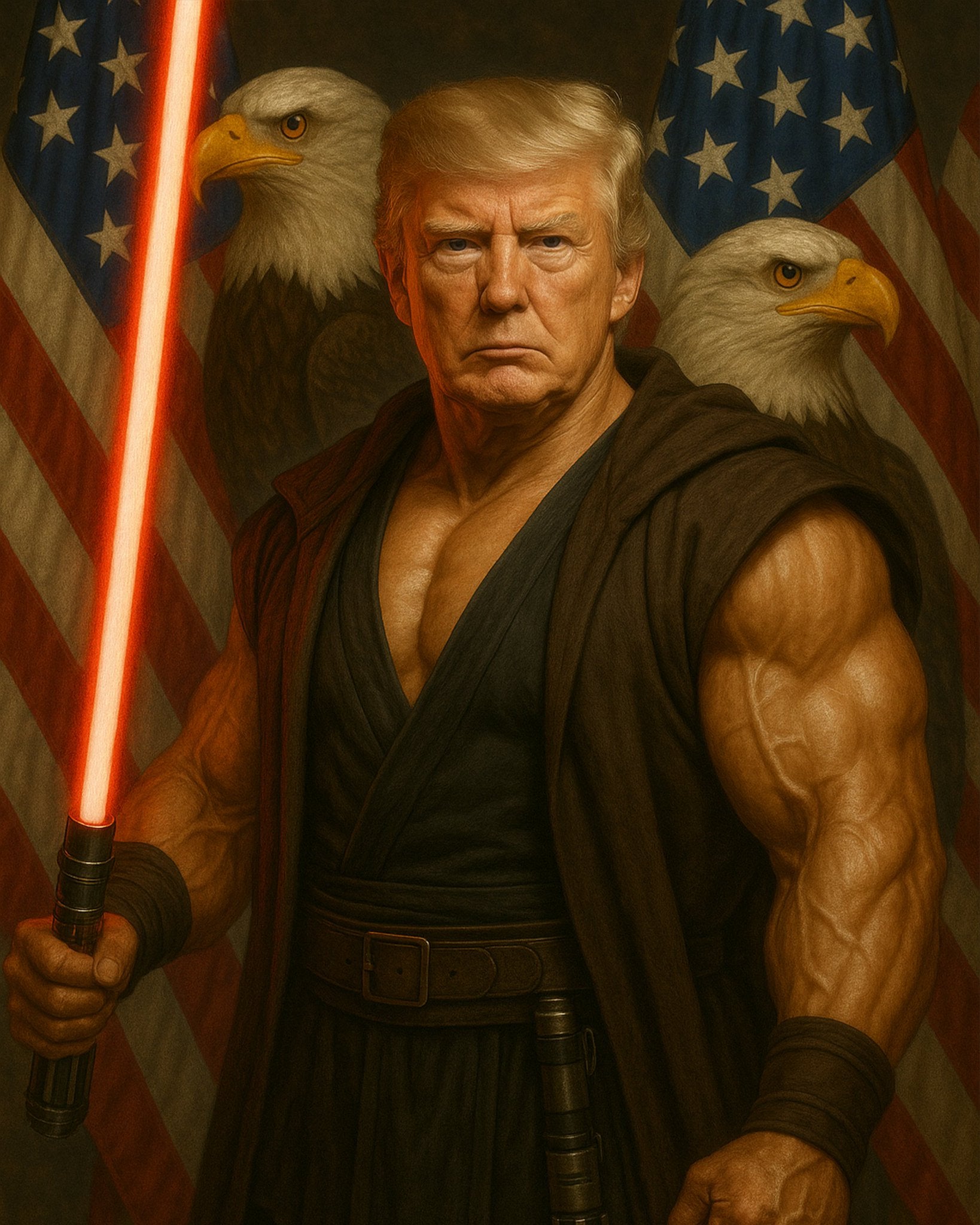 Trump en modo Star Wars, con un sable de luz rojo, el color de los malvados señores Sith