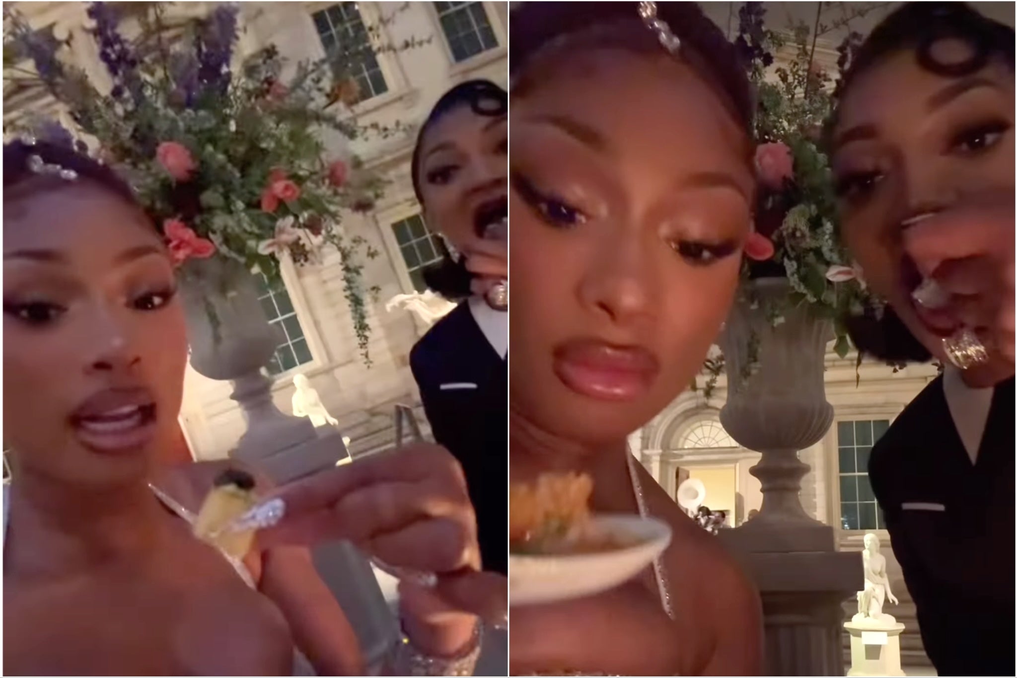 Megan Thee Stallion (izquierda) expresó críticas sobre la comida servida en la Met Gala