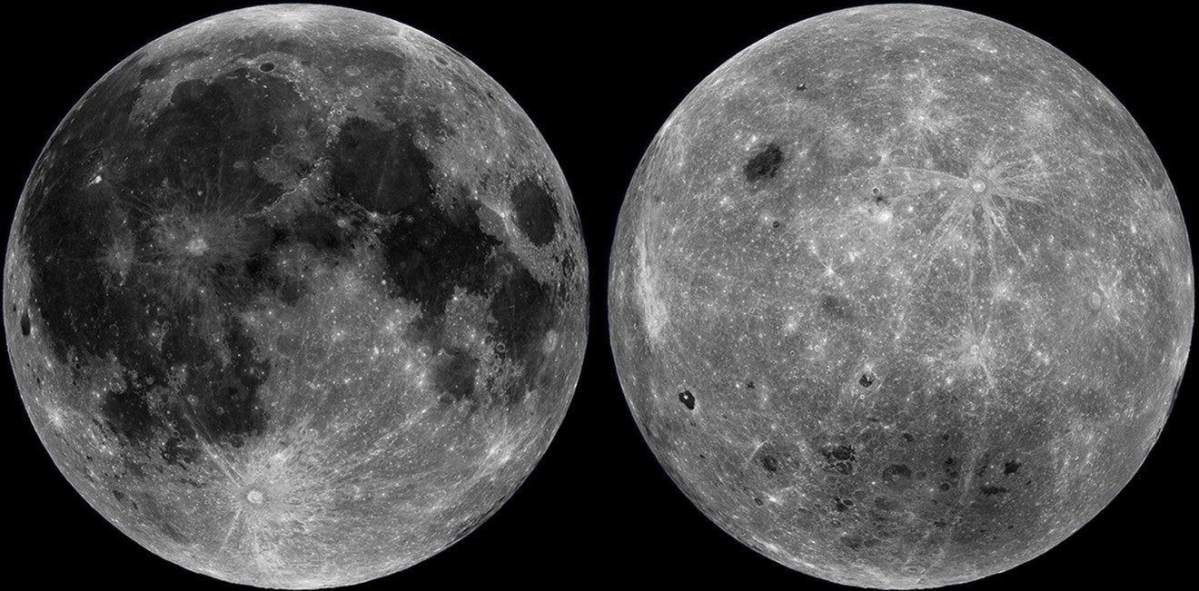 Estas vistas de la cara visible (izquierda) y no visible de la Luna fueron tomadas por el Lunar Reconnaissance Orbiter de la NASA, una nave espacial robótica. Los datos de las naves ayudan a los científicos a comprender mejor las lunas, entre ellas Io, de Júpiter