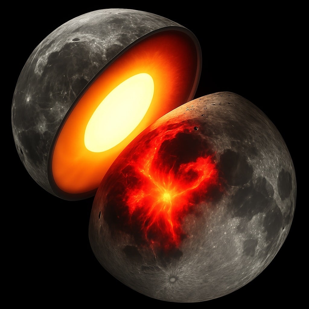 Esta ilustración muestra el interior caliente de la Luna hace miles de millones de años. Ahora, investigadores de la NASA afirman haber podido observar más de cerca el interior del cuerpo celeste