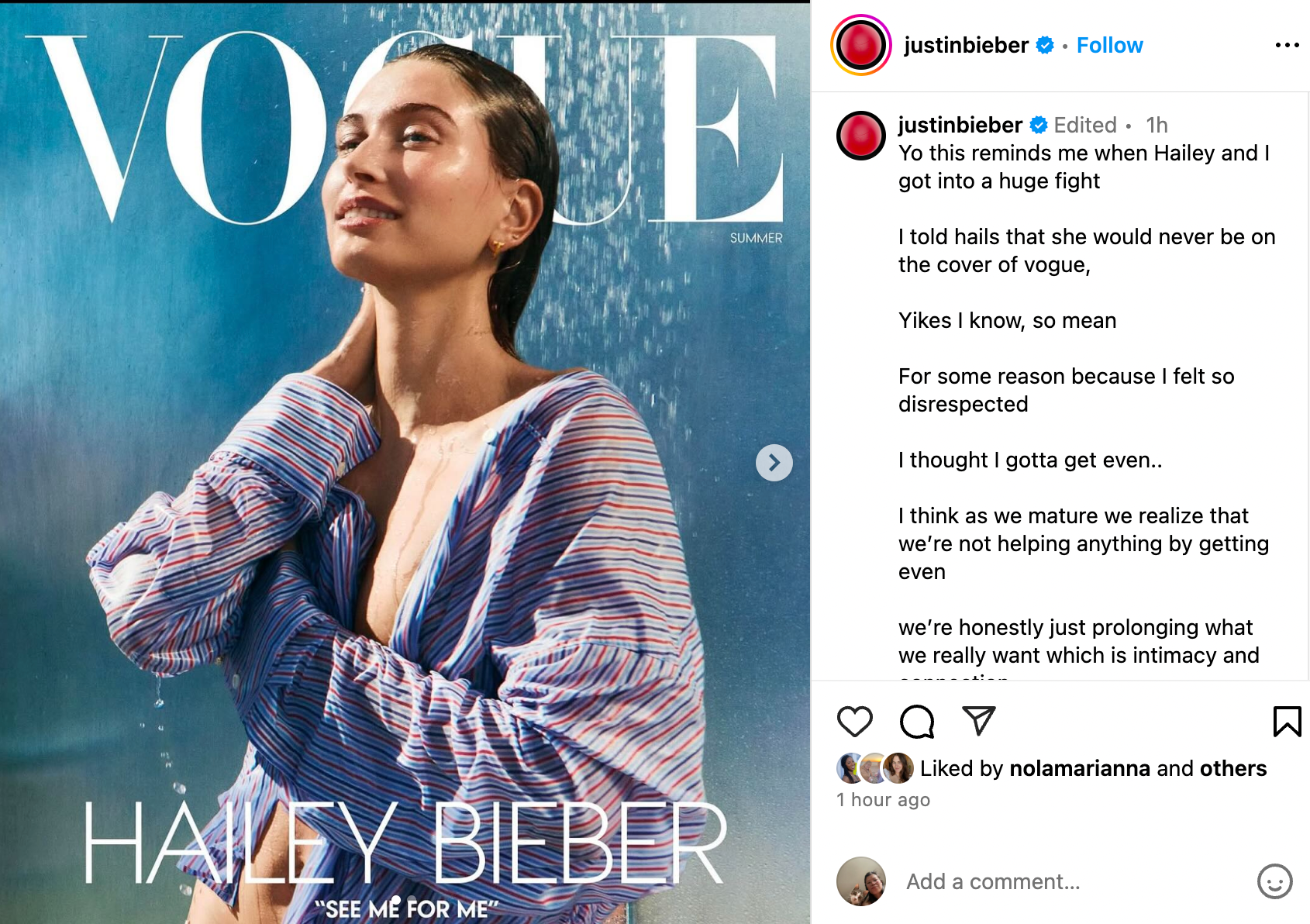 Justin Bieber celebró inicialmente la portada de Vogue de su esposa con una publicación en Instagram que muchos consideraron insultante