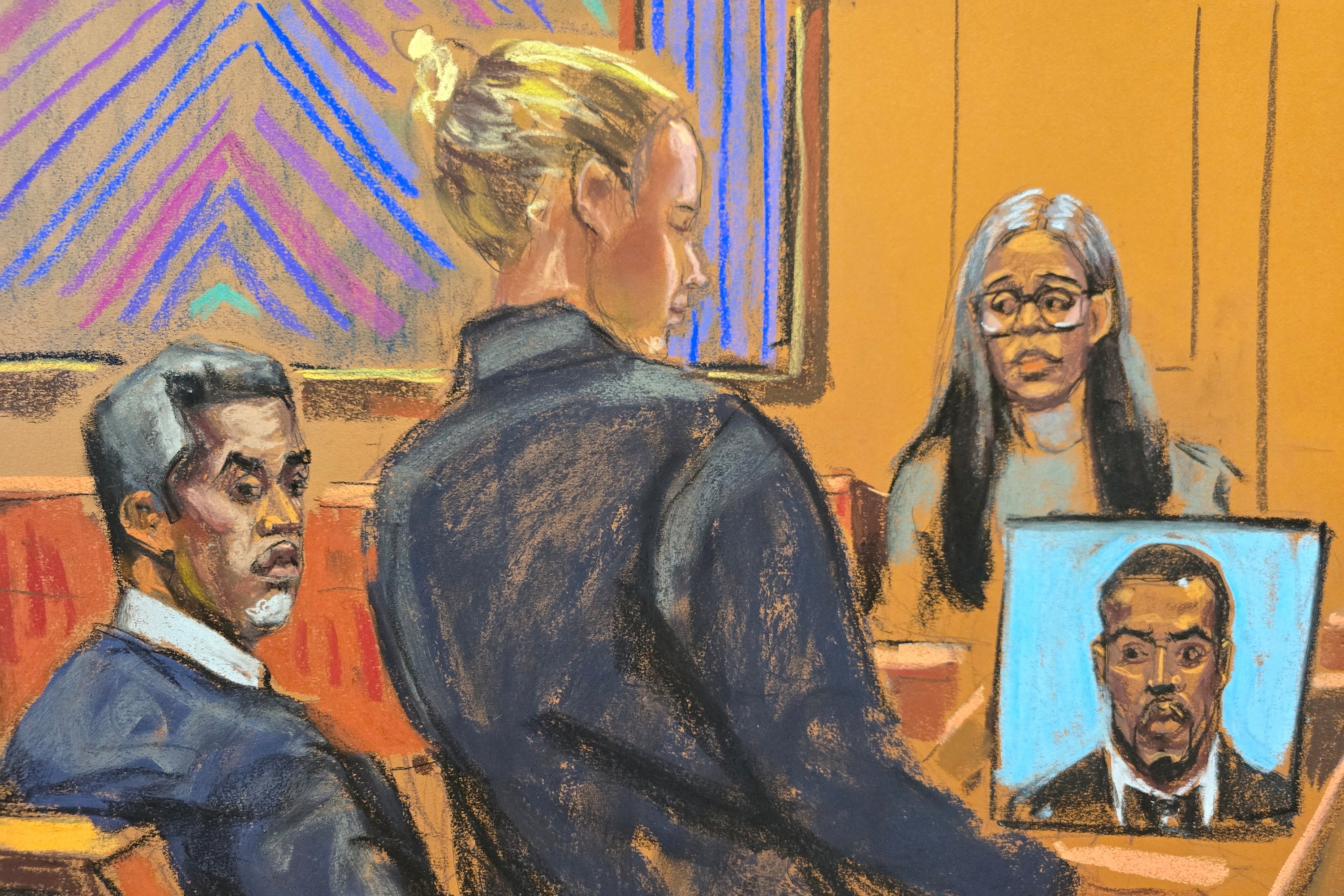 Un boceto del tribunal muestra a Regina Ventura testificando mientras Sean “Diddy” Combs observa. Regina dijo que Combs chantajeó a su hija después de descubrir su relación con Mescudi