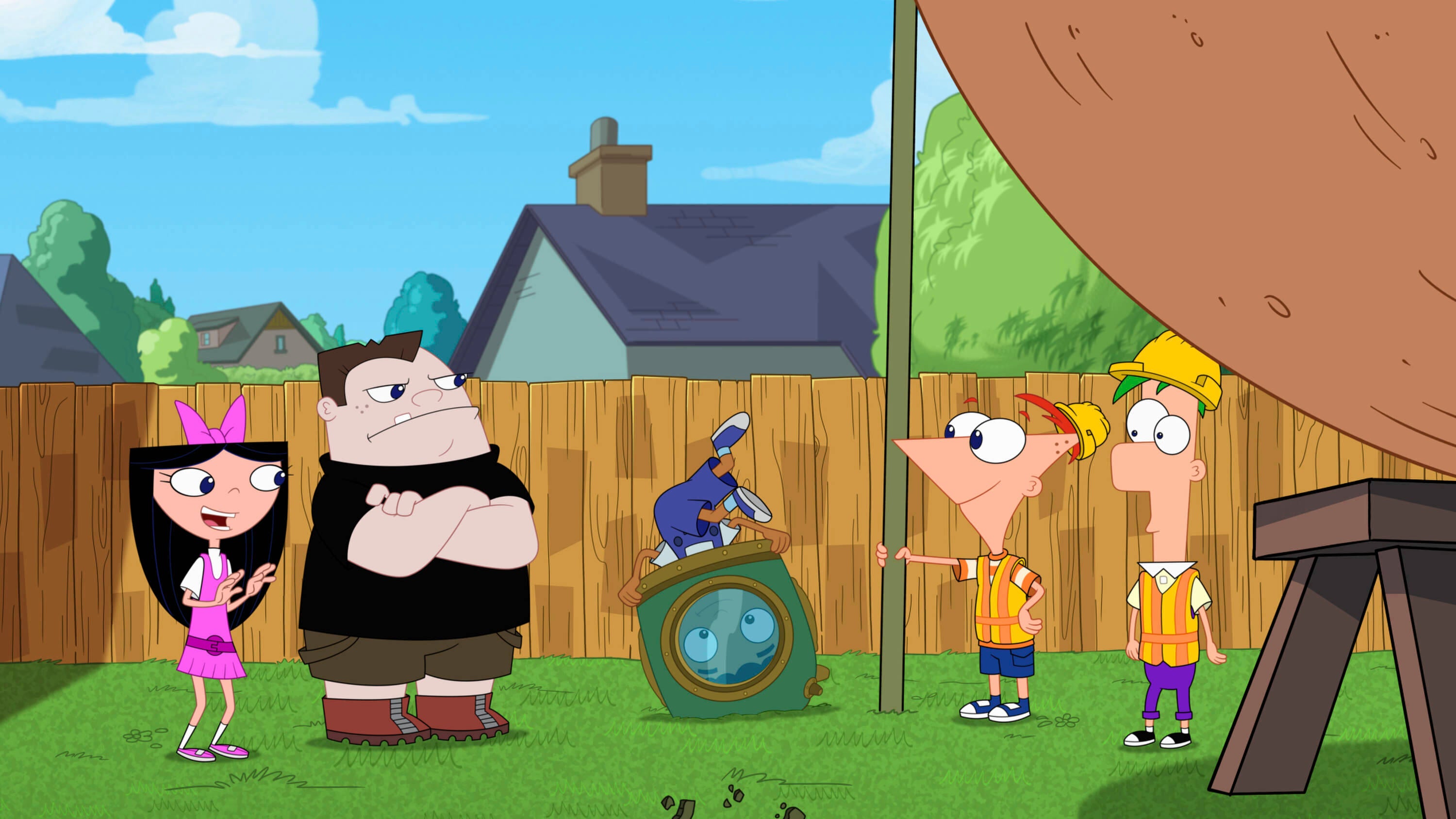De izquierda a derecha: Isabella, Buford, Baljeet, Phineas y Ferb