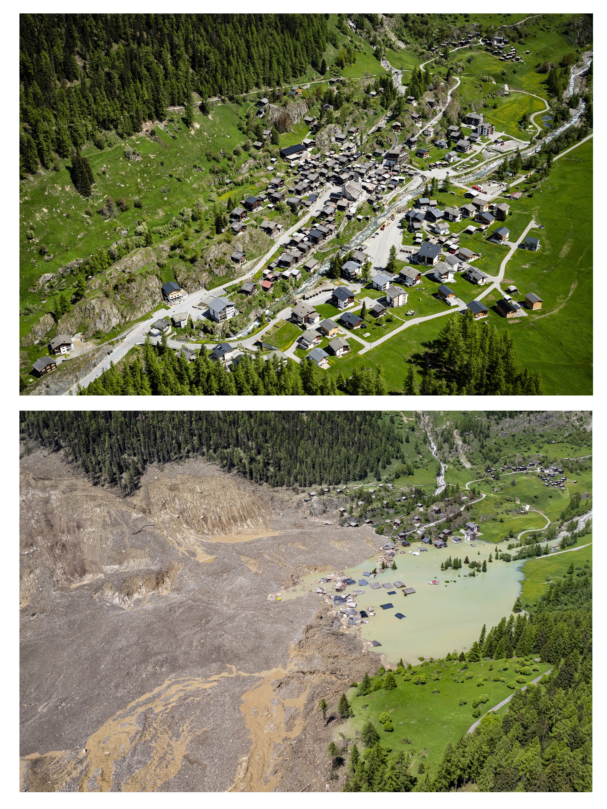 El pueblo de Blatten antes y después de quedar sepultado por una avalancha provocada por el derrumbe del glaciar Birch