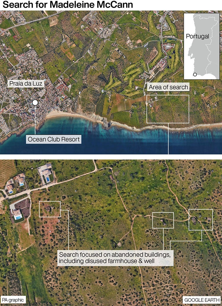 La zona de búsqueda está a pocos kilómetros de Praia da Luz, Portugal, donde desapareció Madeleine hace 18 años