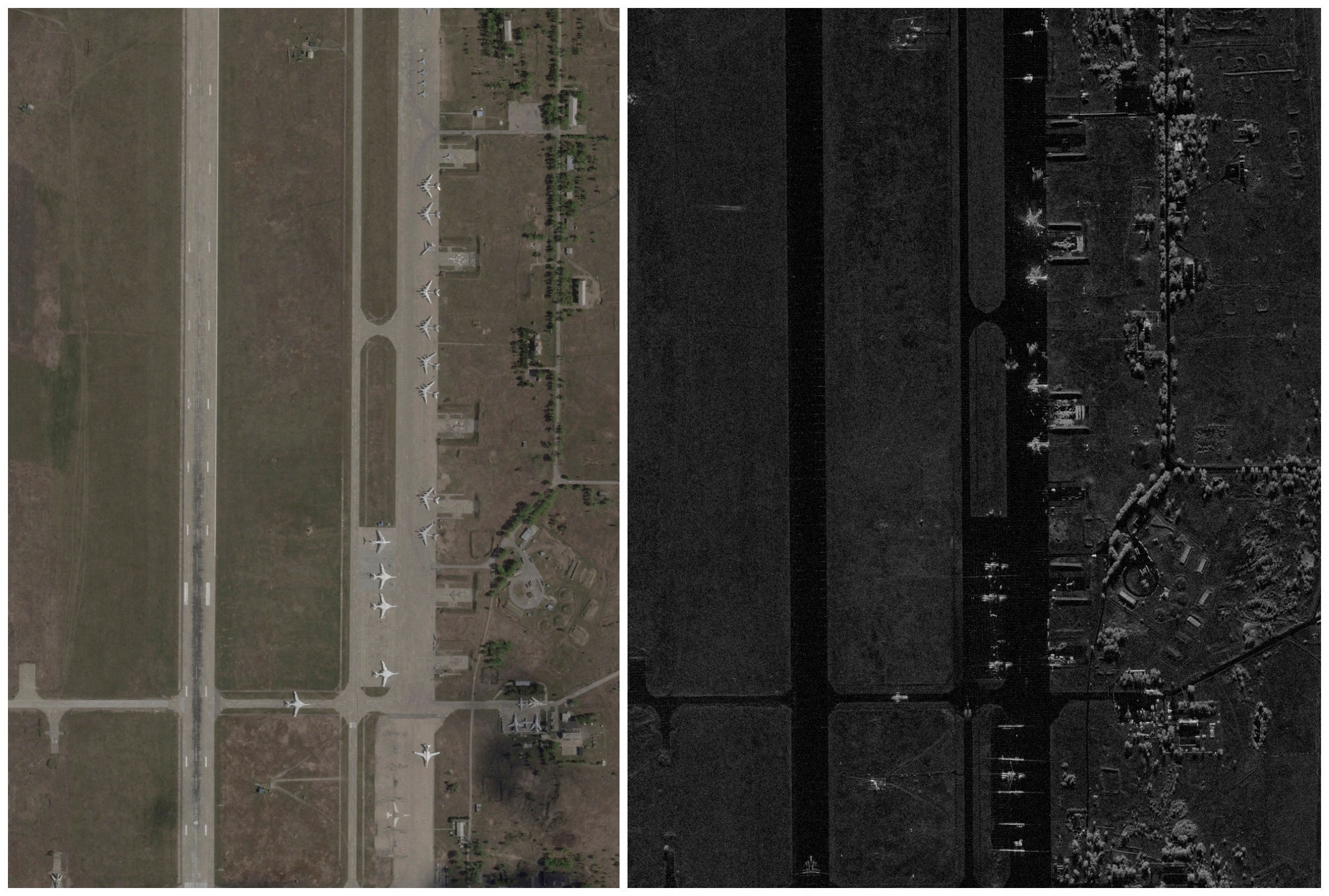 Imagen satelital del aeródromo de Belaya, tomada antes y después del ataque con drones ucranianos, donde se muestra el alcance del golpe a bases militares rusas en la región de Irkutsk