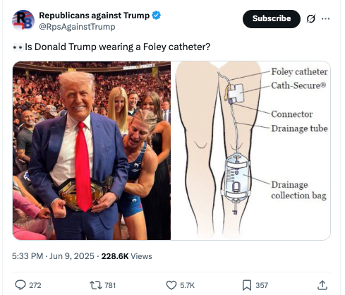 El grupo Republicanos contra Trump también se sumó a las especulaciones y compartió una imagen del expresidente en el evento UFC 316, celebrado el sábado en Nueva Jersey. "¿Lleva Donald Trump una sonda Foley?", se leía en la publicación.