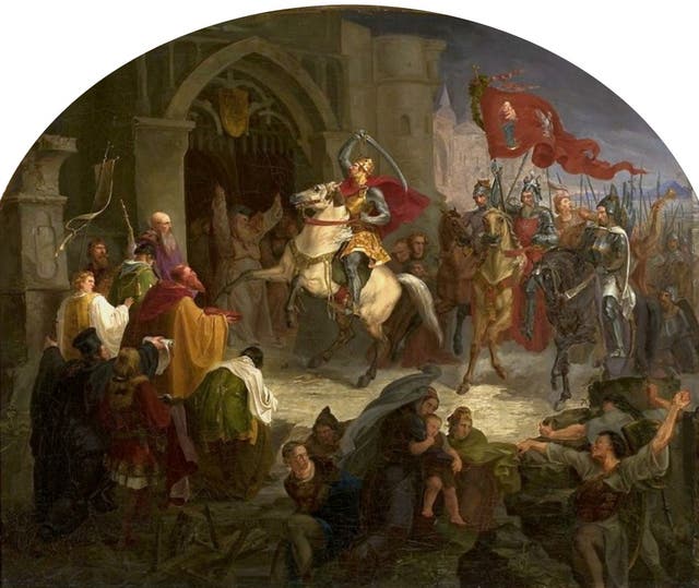 <p>Esta pintura, realizada en la década de 1830, retrata la entrada del rey polaco Bolesław el Bravo en la ciudad de Kiev</p>